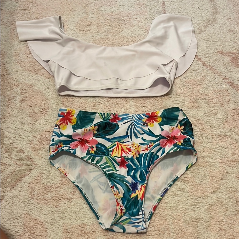 SHEIN White and Floral Kids Swim Bikini